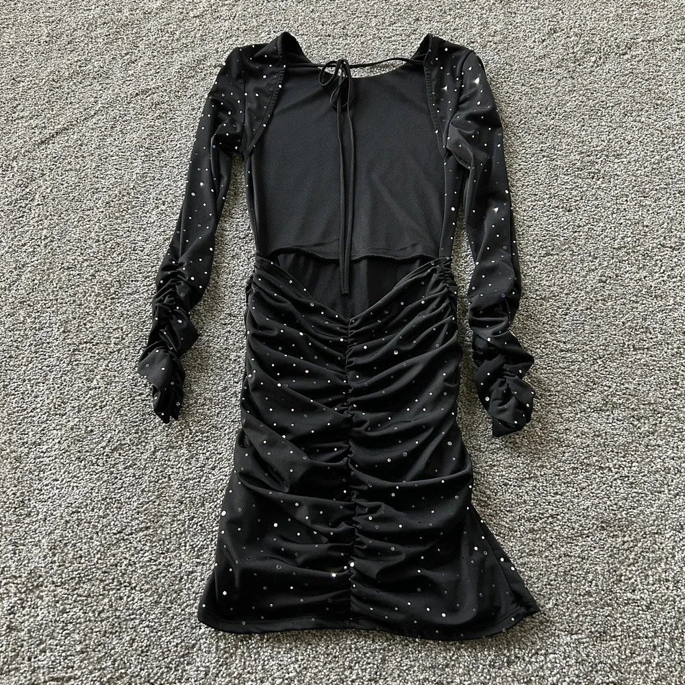 Lucy In The Sky Dress Womens XS Black Rhinestone Polka Dot Long Sleeve Mini